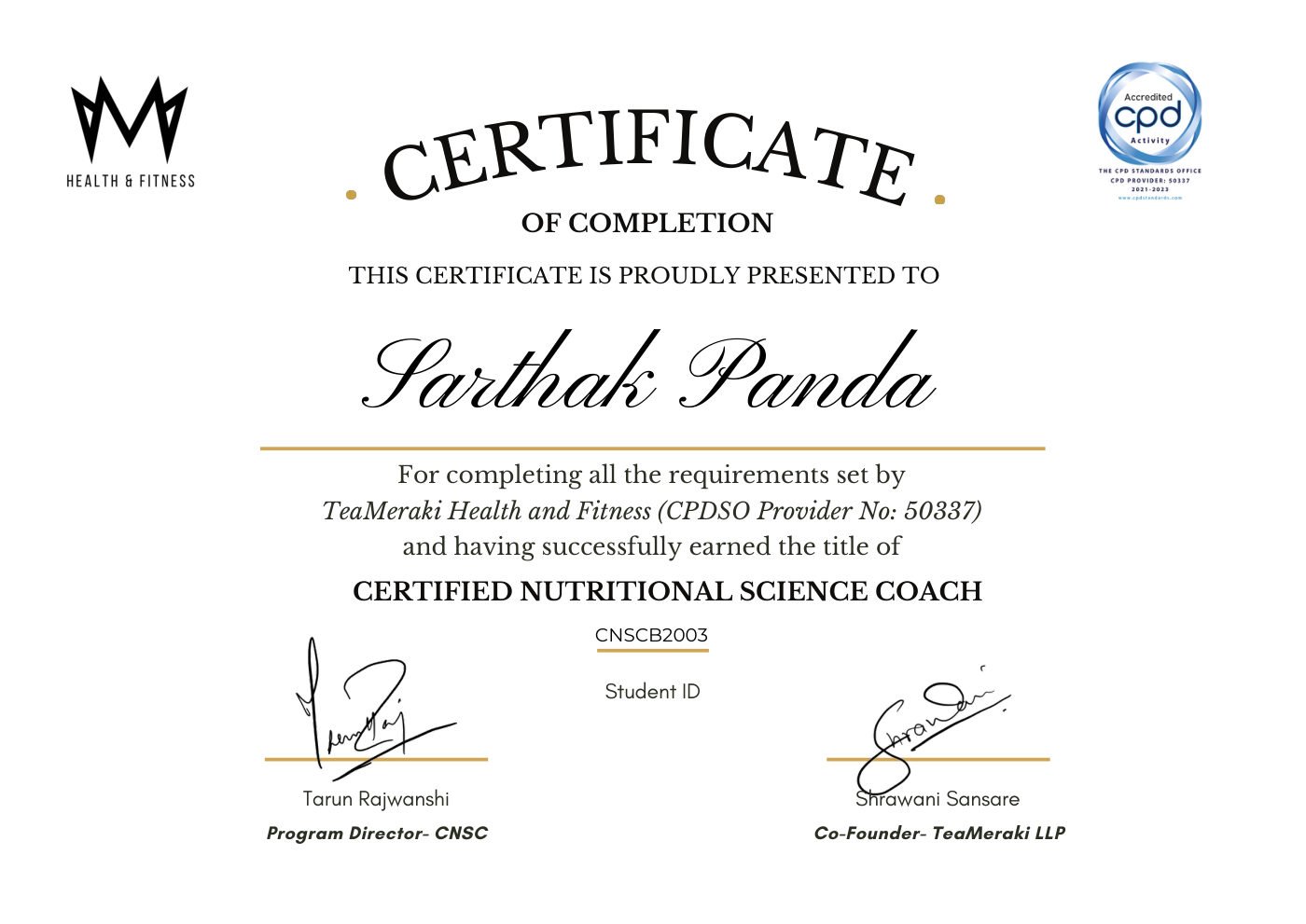 Certified Nutritional Science Coach certificate awarded to Sarthak Panda