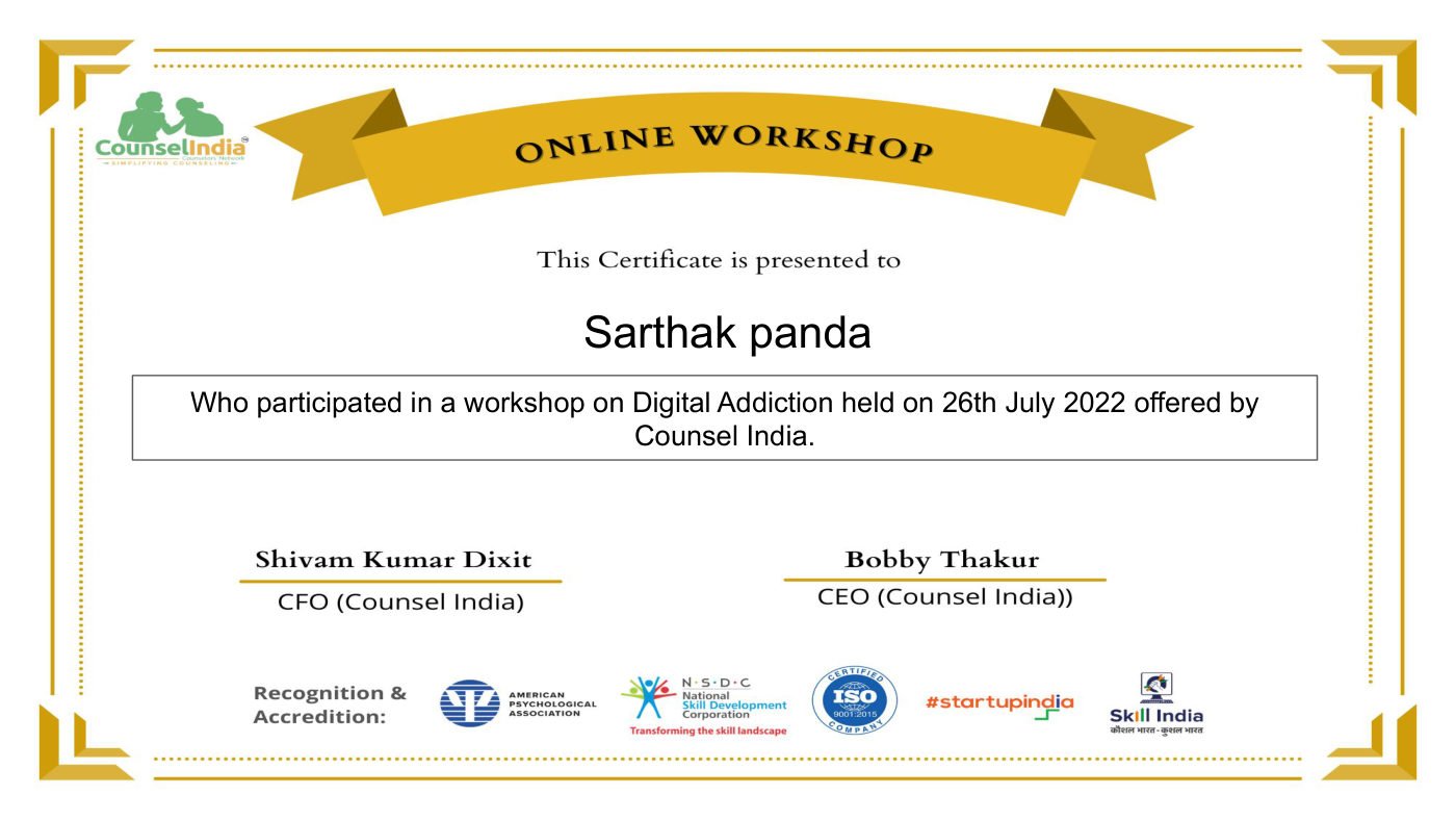Digital Addiction Workshop certificate awarded to Sarthak Panda