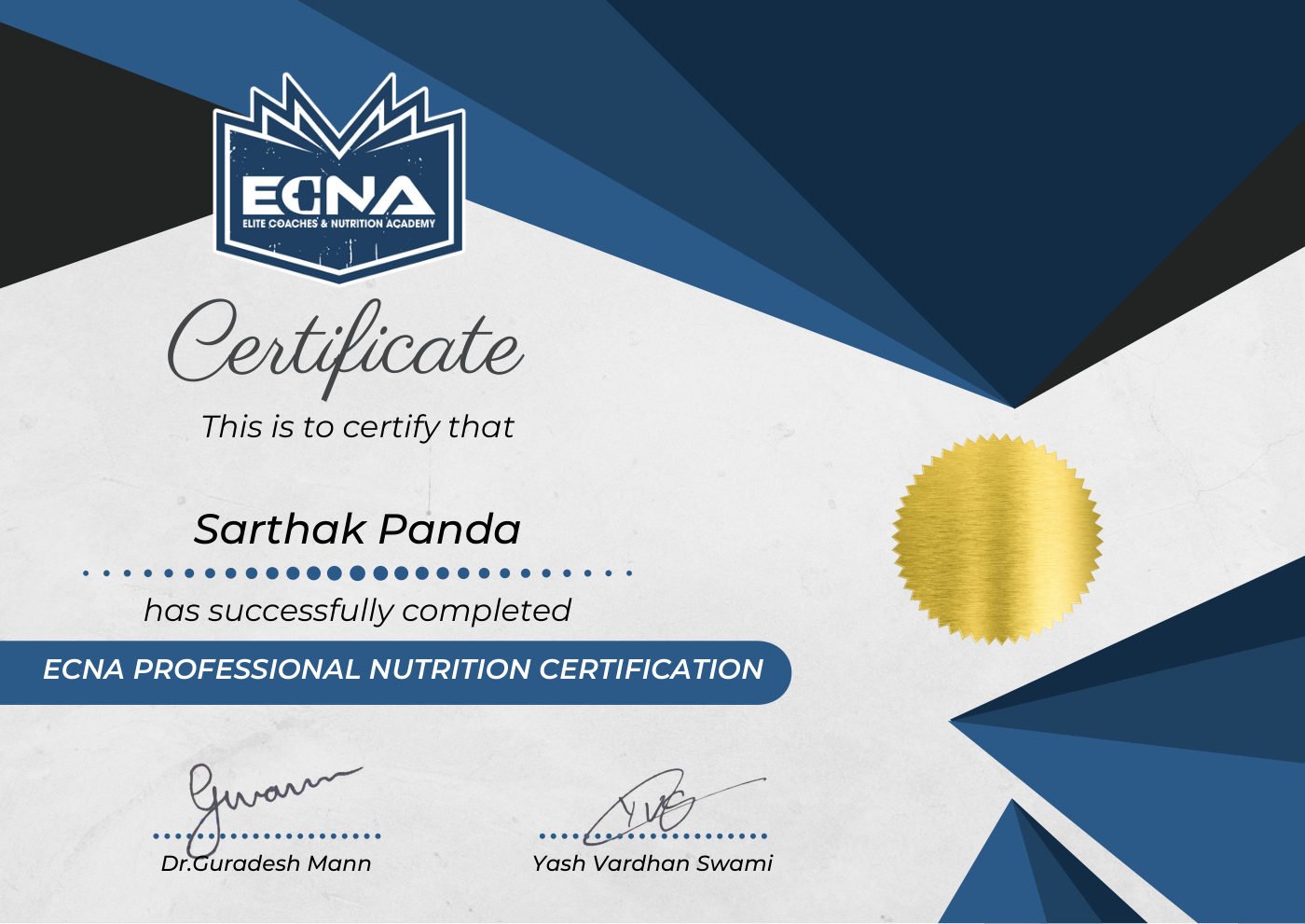Professional Nutrition Certification certificate awarded to Sarthak Panda