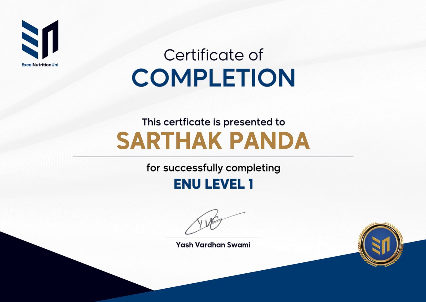 ENU Level 1 certificate awarded to Sarthak Panda