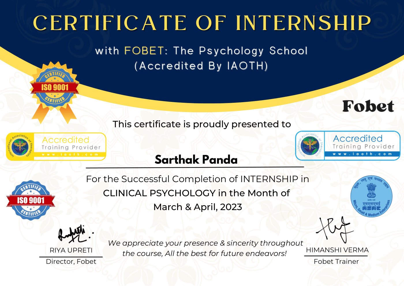 Clinical Psychology Internship certificate awarded to Sarthak Panda