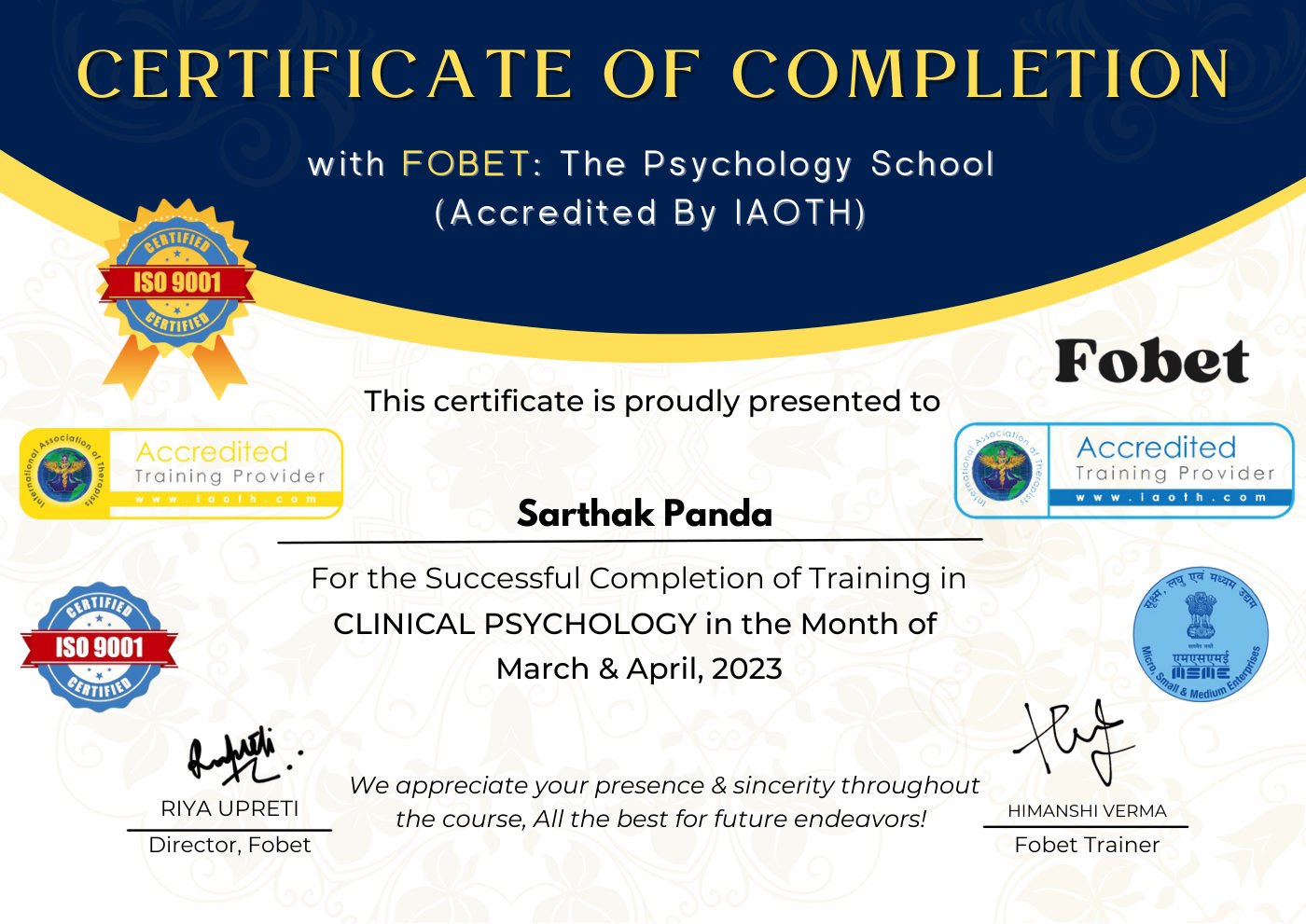 Clinical Psychology Training certificate awarded to Sarthak Panda
