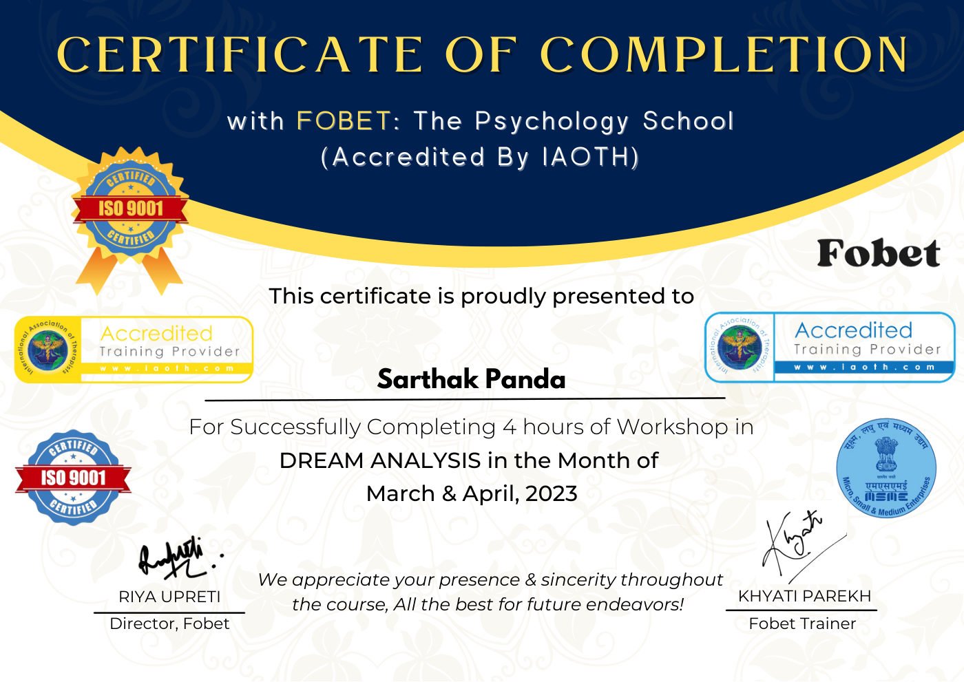 Dream Analysis Workshop certificate awarded to Sarthak Panda