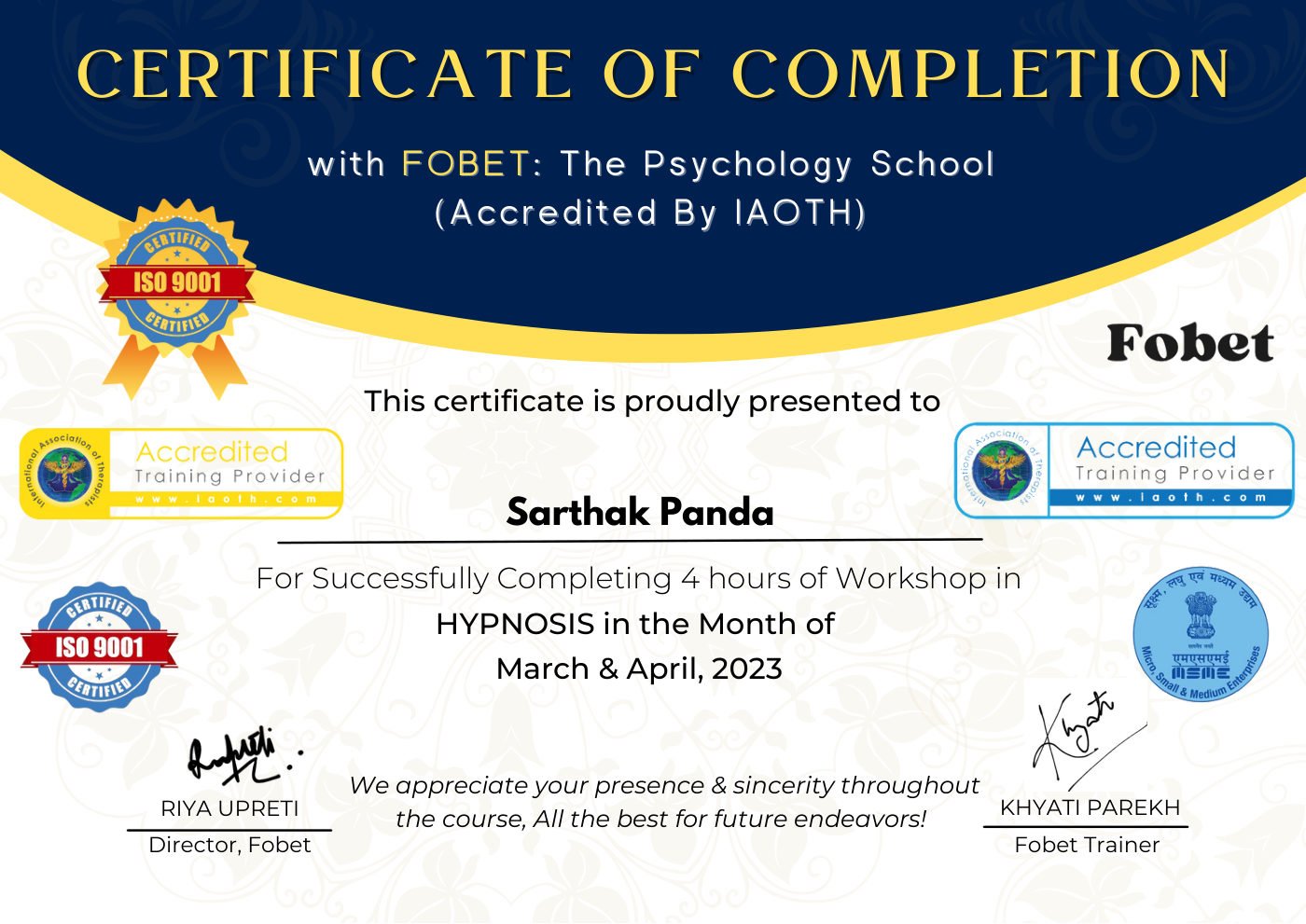 Hypnosis Workshop certificate awarded to Sarthak Panda