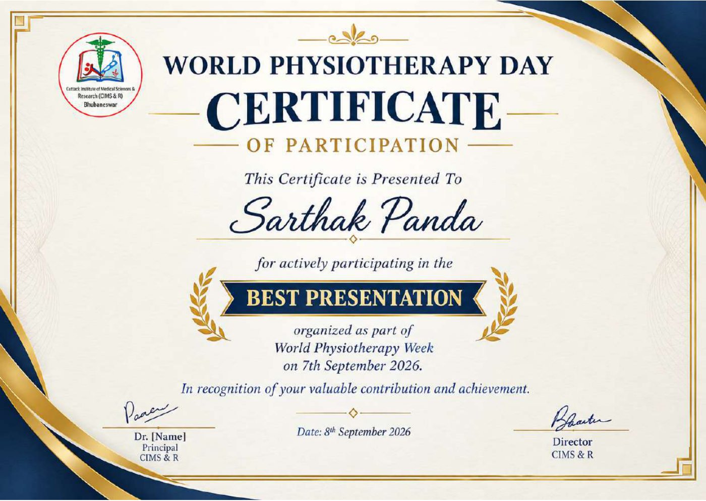 Best Presentation, World Physiotherapy Week certificate awarded to Sarthak Panda